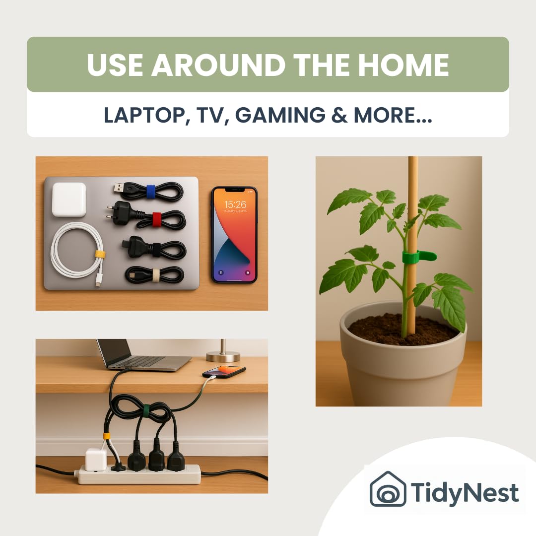 TidyNest | Reusable Cable Ties (Large 2cm x 25cm) Adjustable Hook and Loop Cord Organisers for Cable Management, Wires, Chargers, Headphones, Home, Office, Garage & Travel
